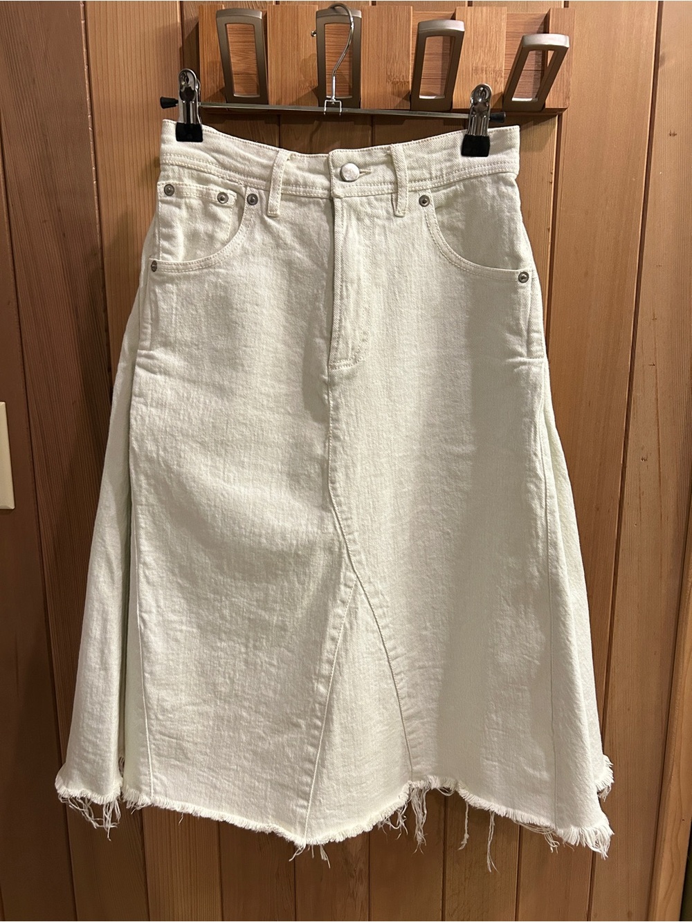 Free People Off-White A-Line Denim Midi Skirt with Frayed Hem